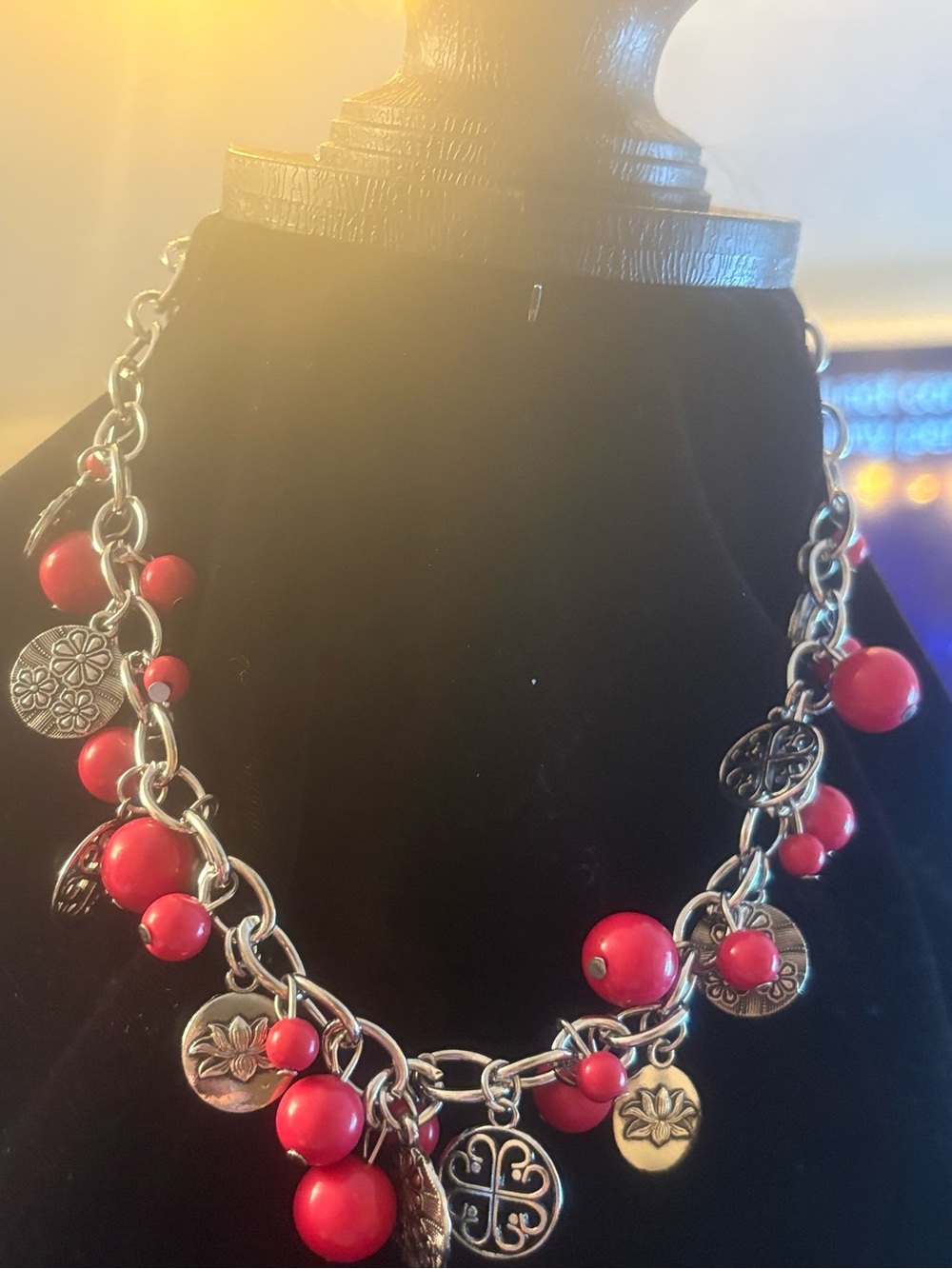 pink Bead and Silver Charm Statement Necklace - Women Jewelry